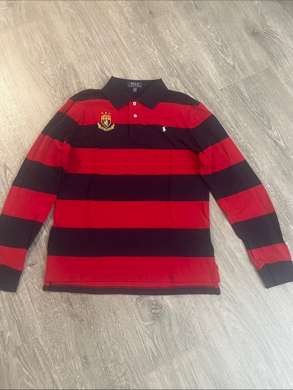 Polo by Ralph Lauren Red and Black Striped Rugby Polo with Crest
